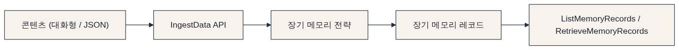 IngestData가 하는 일 다이어그램: 콘텐츠 (대화형 / JSON) → IngestData API → 장기 메모리 전략 → 장기 메모리 레코드 → ListMemoryRecords / RetrieveMemoryRecords