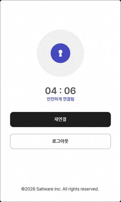 연결된 확장 창 — 「안전하게 연결됨」과 남은 시간, 재연결 · 로그아웃 단추